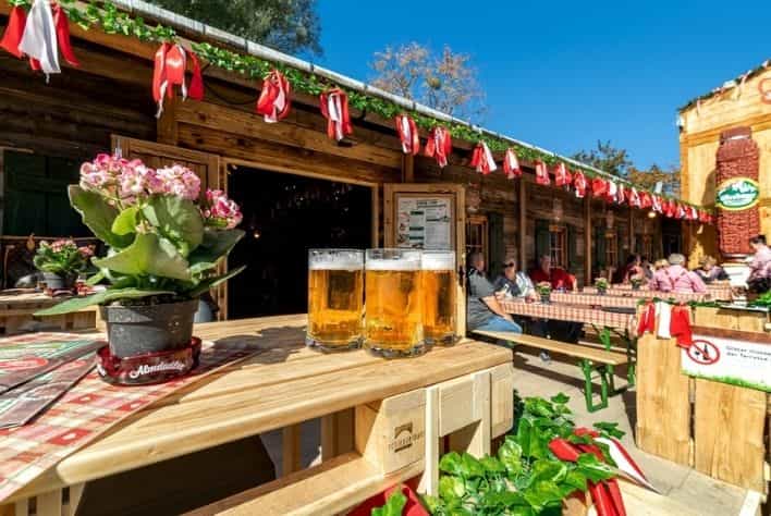 Three mugs of beer on a picnic table at the Vienna Oktoberfest.