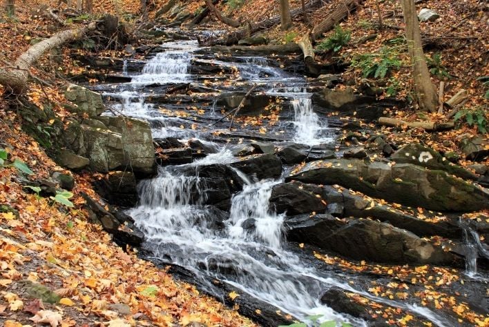 Waterfall in Northern Virginia surrounded by Fall leaves.   